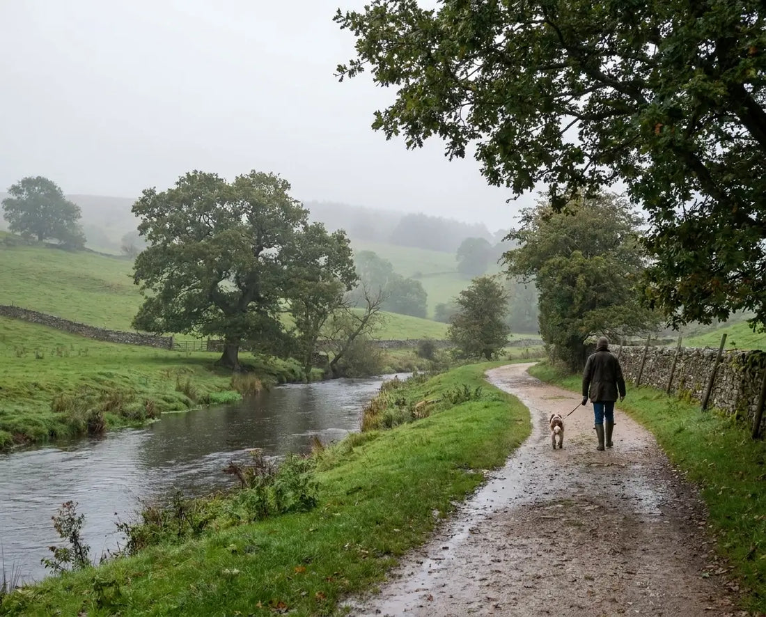 A riverside path in the English countryside on an overcast morning