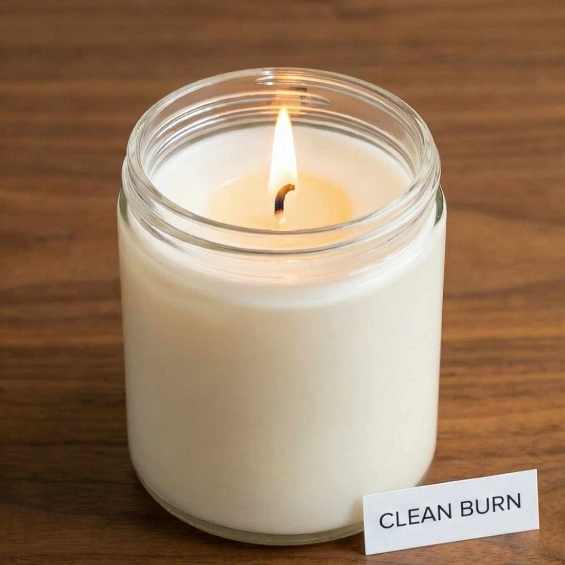 a lit clean burning candle on a table