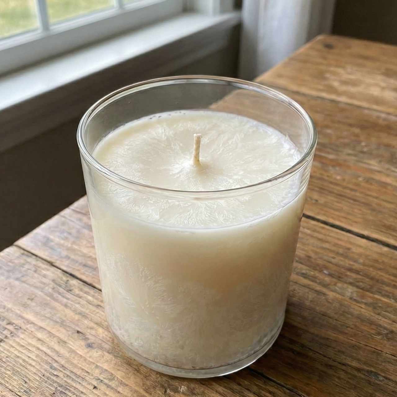 a candle with natural frosting in wax.