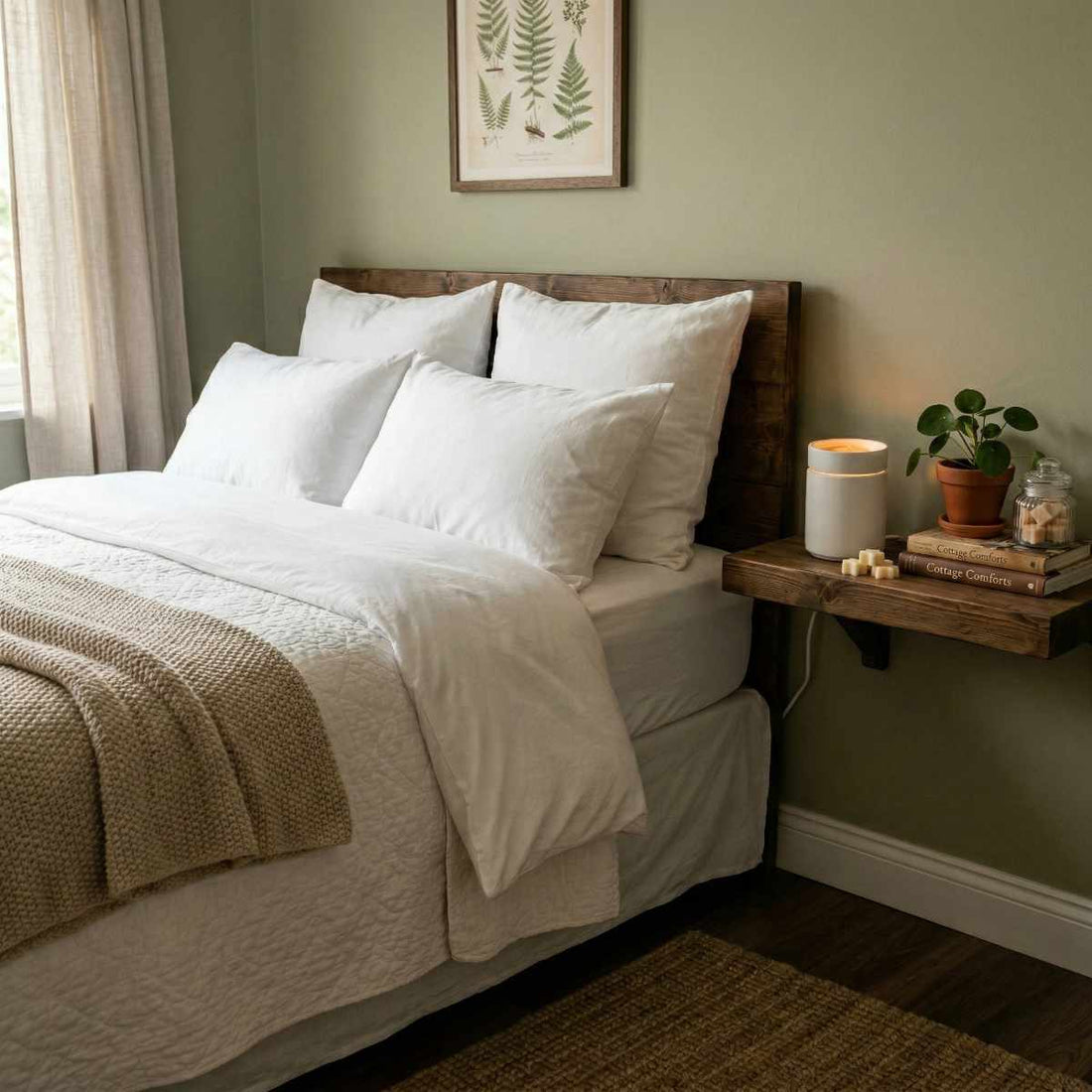 A calm, tidy bedroom designed as a healthy sleep environment with a wax burner and melt