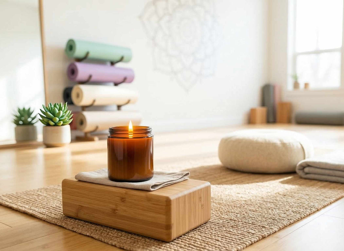 a candle lit in a yoga studio